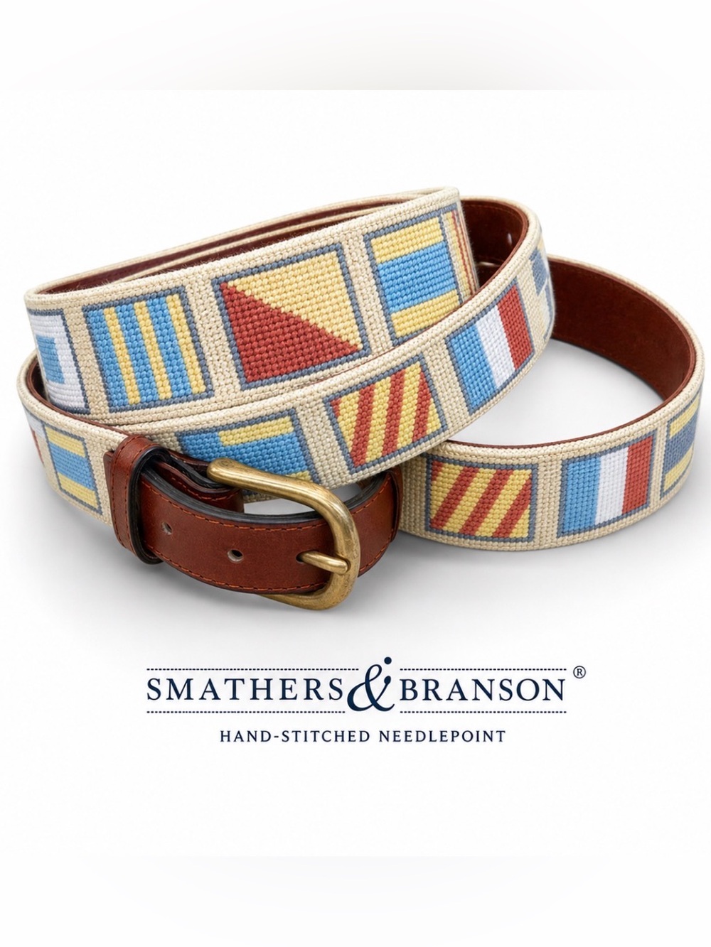 Smathers & Branson Needlepoint Belt Men’s 36 Nautical Signal Flags Leather USA